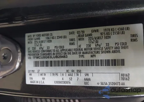 2020 Ford Escape Se из США, поврежденный, VIN 1FMCU0G63LUB29483